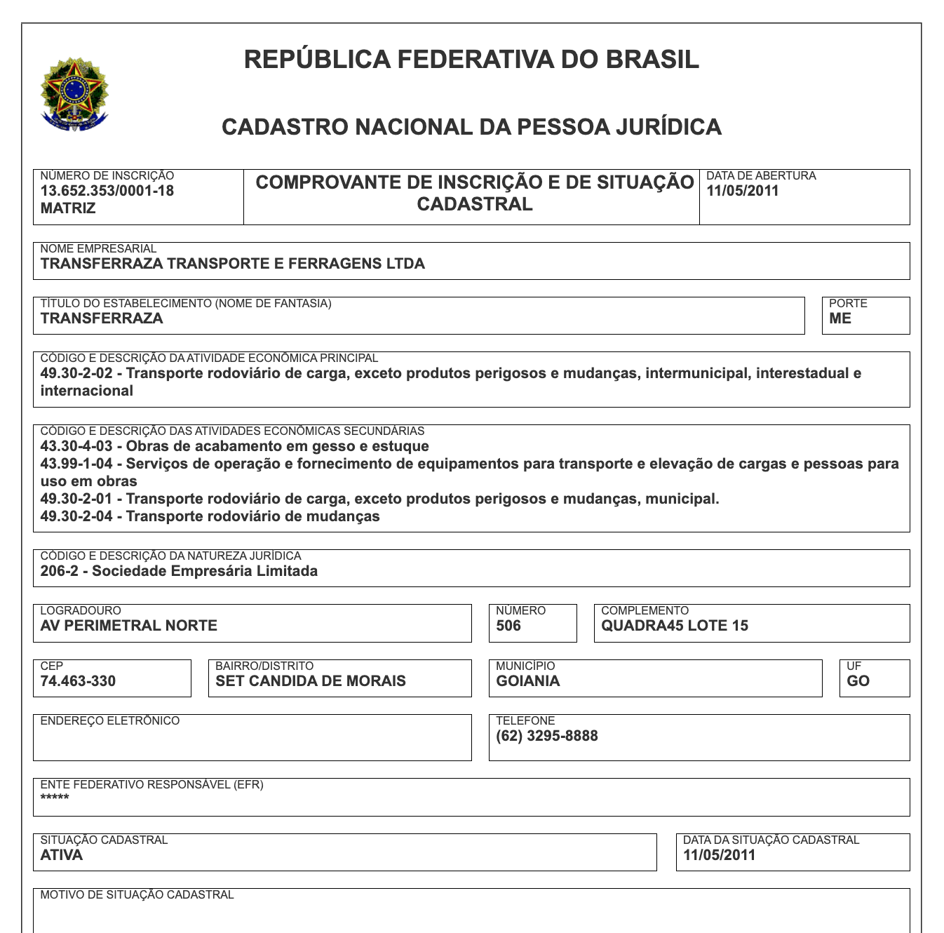 CNPJ Transferraza Mudanças